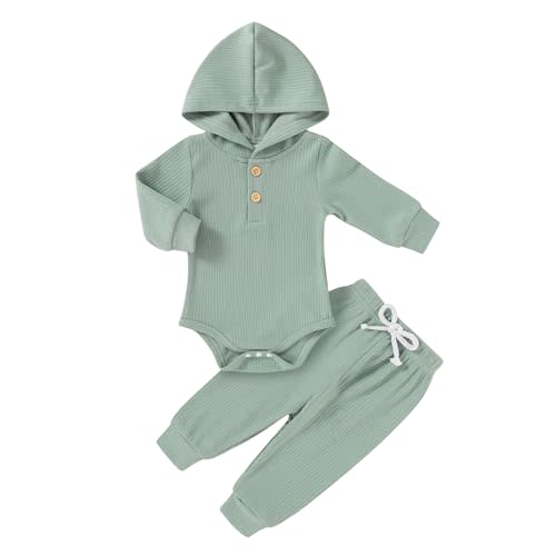 YOUNGER TREE Newborn Baby Boy Girl Clothes Hooded Long Sleeve Romper Pants Set Solid Ribbed Infant Fall Winter Outfits
