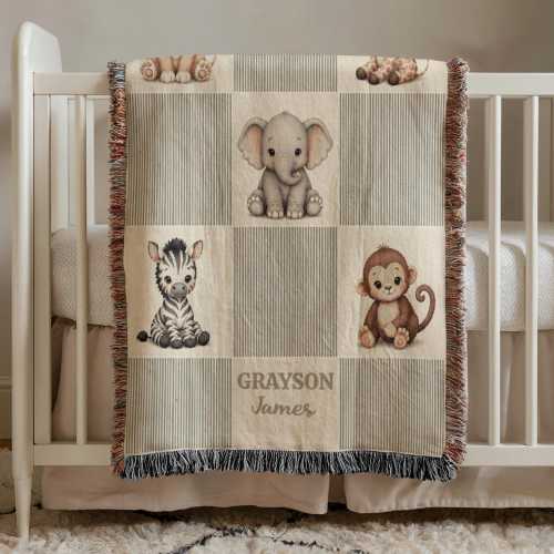 Personalized Safari Baby Blanket Custom Baby Name Woven Blanket Neutral Nursery Decor Baby Shower Gift Jungle Animals Blanket