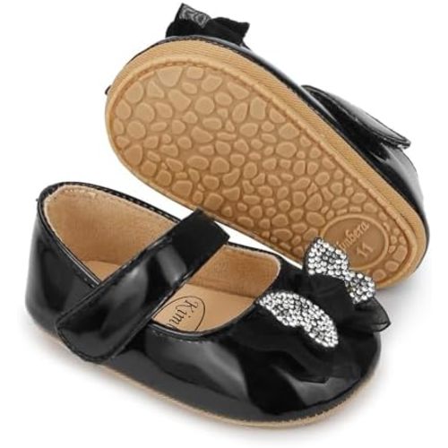 Baby Girls Mary Jane Flats, Non Slip Soft Sole, PU Leather Bowknot Dress Shoes, Newborn Infant Toddler First Walker, 0-18 Months