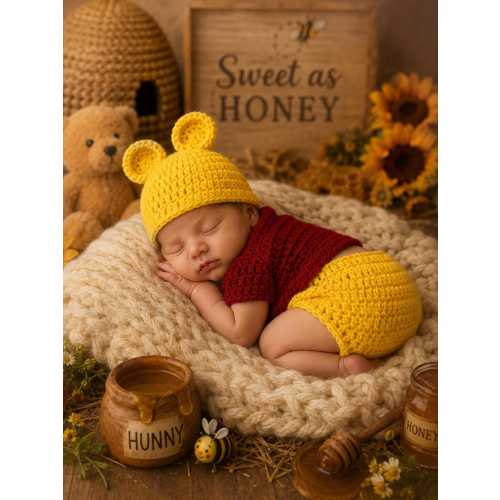 Crochet Winnie the Pooh Outfit--Honey Bear Crochet Outfit--Photo Prop--Honey Pot--Made to Order