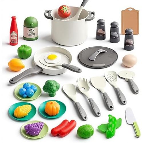 35Pcs Kids Kitchen Toy Accessories, Toddler Pretend Cooking Playset with Play Pots, Pans, Utensils, Cookware, Play Food Set, Toy Vegetables, Learning Gift for Girls & Boys (White)