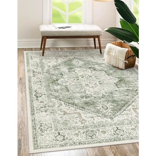 LIVEBOX Washable Area Rug 5x7 - Large Vintage Tribal Living Room Non-Slip Indoor Carpet for Bedroom, Low-Pile Retro Print Distressed Accent for Nursery Entryway Office, Sage