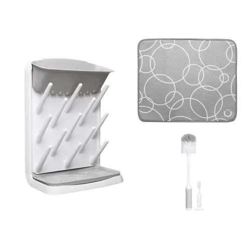 Ubbi Vertical Bottle Drying Rack, Bottle Brush & Microfiber Drying Mat Bundle, Newborn Baby Essentials, Baby Registry Must Haves, New Parent Gifts, Gray