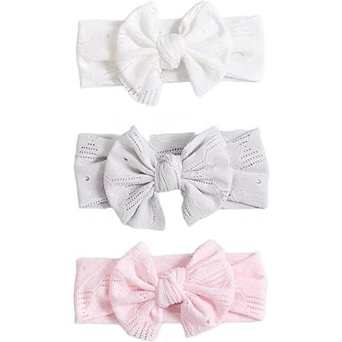 Baby Girls Bow Headband, Nylon Lace Turban Style Hair Accessory-Ideal for Cradle Cap-Perfect Baby Registry Gift(White+Gray+Pink