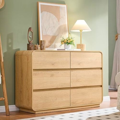 47’’ Wide Dresser for Bedroom, Double Dresser with 6 Drawers, Storage Drawer of handleless, Chest of Drawers for Closet & Living Room (Natural)