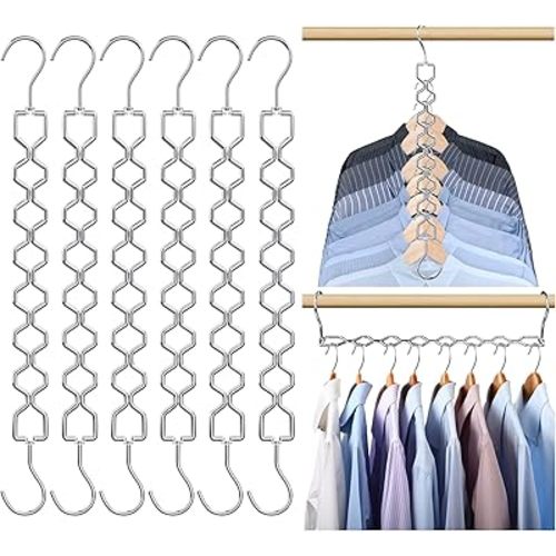 6 Pack Space Saving Hangers for Clothes, Heavy Duty 30Lbs Capacity Magic Collapsible Clothes Space Saver Metal Hanger Organizer with 360° Swivel Hook, Closet Organizers Storage Dorm Essentials Silver