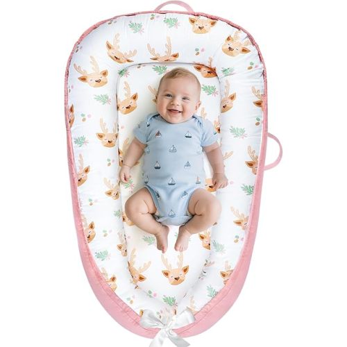 Baby Lounger - Baby Lounger for Newborn 0-24 Months, Breathable and Soft Cotton Cover Baby Nest, Portable Cozy Tummy Time Lounger for Home and Travel, Ideal Baby Essentials & Shower Gifts