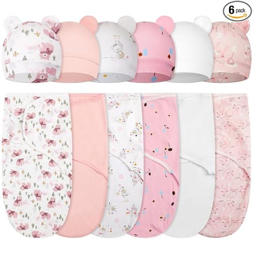 6 Pack Swaddle Blanket with Hats for Baby Girl Boy 100% Cotton Swaddles 0-3 Months, Adjustable Breathable Skin Friendly Receiving Blanket Wrap, Essential for Newborns(Bear,Pink)