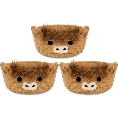 3 Pack Small Highland Cute Cow Storage Baskets for Organizing Gift Basket | Woven Decorative Nursery Shelves Rope Cotton Storage Bins for Gifts Empty, Mini Burr Baby Shower with Handles,7 IN
