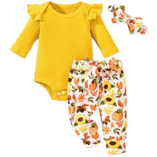 Aalizzwell Preemie Newborn Infant Baby Girls Clothes Ribbed Romper Bodysuit Pants Set Fall Winter Outfits
