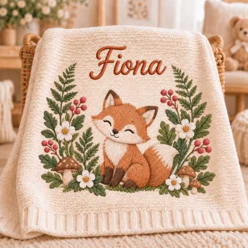 Personalized Fox Woodland Embroidered Baby Blanket, Custom Name Baby Blanket, Forest Fox Nursery Decor, Newborn Baby Shower Gift