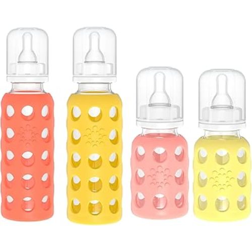 Lifefactory Glass Baby Bottles with Silicone Protection - 4-Pack, 4 oz/9 oz Bottles, (1- Banana, 1- Mango, 1- Cantaloupe & 1- Papaya)