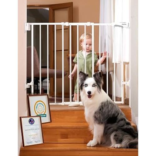 Babelio No Bottom Bar Baby Gate, 28" H x 26-43" W, White | Easy Install| One-handed Opening| Auto-close| Drill Needed Indoor Safety Dog/Pet Gate for Stairs, Hallways & Doorways