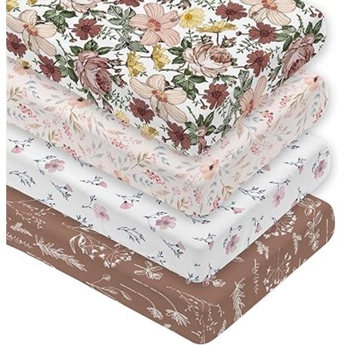 4 Pack Floral Crib Sheet Set for Baby Girl, Soft Breathable Fitted Pink Crib Sheet 28 x 52 in, Vintage Wildflower Nursery Decor for Standard Crib and Toddler Bed Mattresses