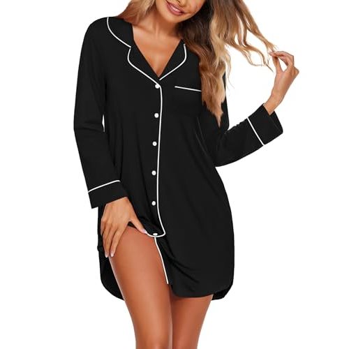 Ekouaer Nightgowns for Women Long Sleeve Nightshirt Button Down Sleepshirt Nightdress Boyfriend Sleepwear S-XXXL