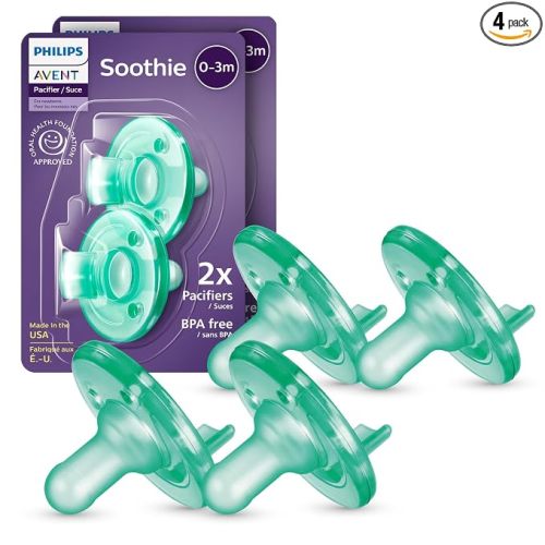 Philips Avent Soothie Baby Pacifiers - 100% Silicone Pacifiers for Babies 0-3 Months, One-piece Design, BPA-Free, Extra Durable, Green, 4 Pack, Model SCF190/41