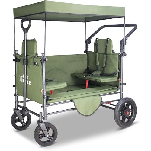TMZ Collapsible Wagon Cart with Side-Opening Seat Conversion Design, Foldable Utility Wagon with 2 Seats, Heavy Duty Wagon 265 lbs Load Capacity (Green)