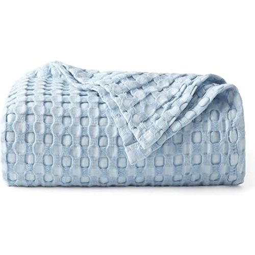 Bedsure Cooling Cotton Waffle Weave Throw Blanket - Lightweight Breathable Blanket of Rayon Derived from Bamboo for Hot Sleepers, Luxury Throws for Bed, Couch and Sofa, Light Blue, 50x70 Inches