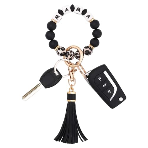 BAOSIWA Silicone Beaded Bracelet Keychain Wristlet Key Ring Bangle Chains for Women with Leather Tassel