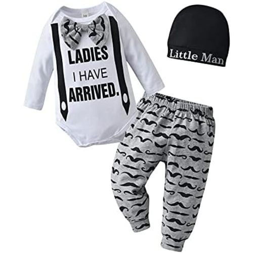 KuKitty Newborn Infant Baby Boy Clothes Long Sleeve Romper + Pants + Hat 3PCS Outfits Set