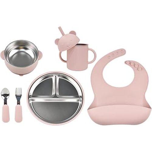 Stainless Steel Baby Feeding Set (6-Piece) – Suction Plate & Bowl, Straw Cup, Spoon, Fork & Bib – Non-Toxic, BPA-Free, Durable Set for Starting Solids (6+ Months), Essentials for Babies & Toddlers
