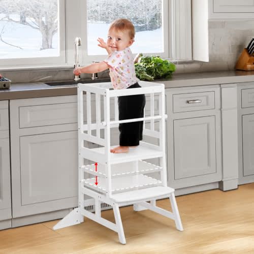 COSYLAND Kids Kitchen Step Stool, Height Adjustable Toddler Standing Tower Nursery Helper with CPC & FSC Certification, Removable Safety Railing Enjoys Exclusive Paten，White