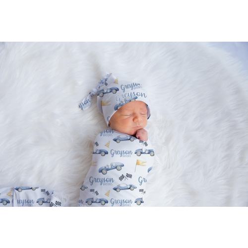 Race Car Swaddle Set, RaceCar Swaddle Blanket, Personalized Baby Blanket, Car Nursery Theme, Newborn Blanket, Race Car Baby Blanket T56