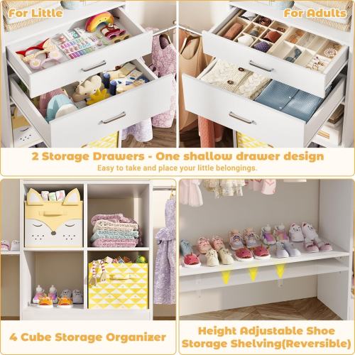 Closet System with Wooden Drawers & Cube Storage Organizer, 4.75-8FT Clothes Organizer Nursery & Walk-In Closets