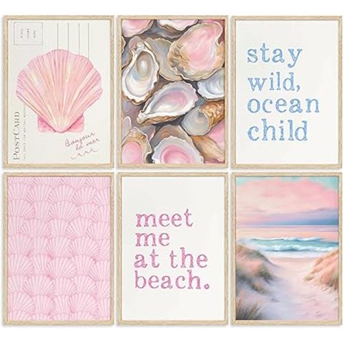 Pink Beach Preppy Wall art Coastal Granddaughter Aesthetic Room Painting Picture Wall Decor Shells Oyster Poster Print Artwork for Girls Room Girls Dorm Home Decoration