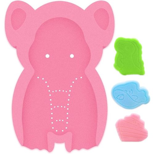 Soft Infant Bath Sponge Elephant Baby Bath Mat Newborn Comfy Foam Skid-Proof Cushion (Pink 1Set)