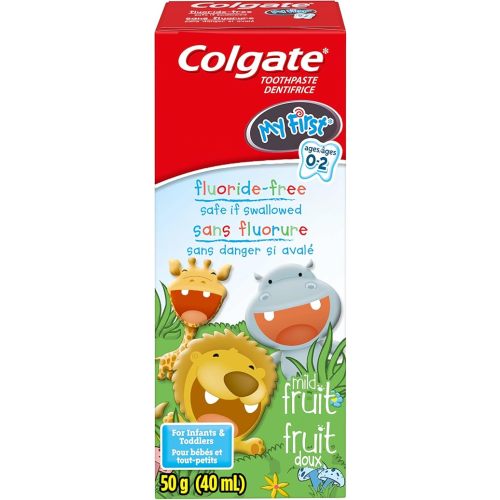 Colgate My First Infant and Toddler Training Toothpaste, Fluoride Free Baby Toothpaste, Ages 0-24 Months, Safe If Swallowed, Gently Cleans and Removes Plaque with Brushing, Mild Fruit Flavour, 40 mL