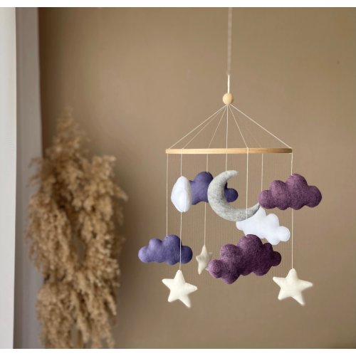 Purple moon and star mobile, Neutral gender nursery mobile, Cloud nursery decor, baby mobile girl. baby fan mobile montessori 1