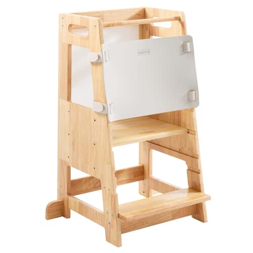 Toddler Kitchen Stools Helper with Adjustable Height and Anti-Slip Protection, Kids Standing Tower with Safety Rail, Kids Montessori Stool with Learning Chalkboard, Natural