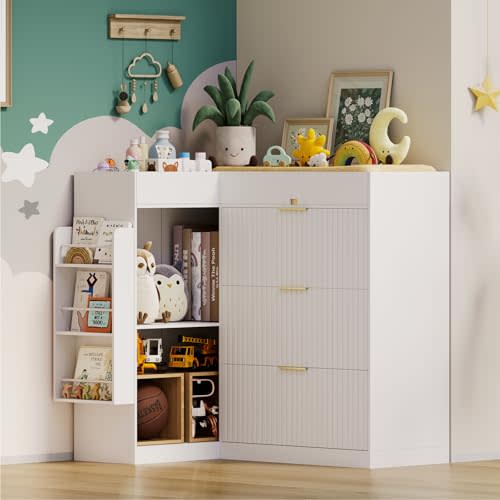 Wooden Nursery Changing Table Dresser,Diaper Changing Table with Storage,Corner Baby Dressing Table with 3 Drawers and 2 Shelves, Modern Storage Crib with Changing Station for Nurseries and Baby Rooms