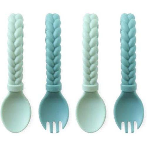 Itzy Ritzy Silicone Spoon & Fork Set; Baby Utensil Set Features A Fork and Spoon with Looped, Braided Handles; Made of 100% Food Grade Silicone & BPA-Free; Ages 6 Months and Up, Mint (Pack of 2)