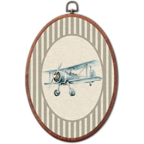 Vintage Blue Biplane Nursery Oval Wall Art Framed, Grey Striped Framed Canvas Prints, Unique Retro Boy or Girl Gift Hanging Wall Decor for Kids Toddler Room Bedroom Playroom, 8.6x11.4 Inch