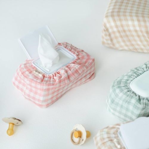 Baby Wipes Cover – Universal Size, One Size Fits All Wipes Packages | Muslin Cotton Tissue Cover for Nursery, Diaper Bag & Changing Table, Station | Gingham & Neutral Patterns (Pink Gingham)