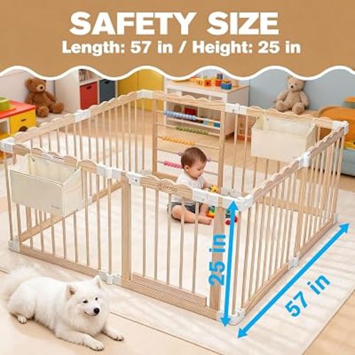 M MEEPO Foldable Wooden Baby Playpen, Adjustable Play Yard, 57x57x25in