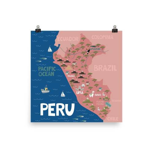 Peru Map Art Travel Poster, Nursery Wall Art Print
