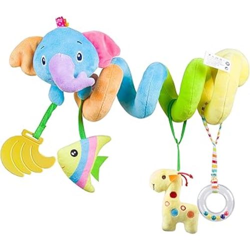 Baby Car Seat Toy, Activity Spiral Plush Hangings Stroller Crib pram Toy Accessories for boy or Girl (Blue-Elephant)