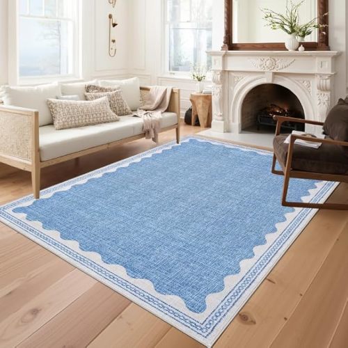 GarveeHome Scalloped 8x10 Rug for Living Room Washable Non-Slip Solid Blue Modern Minimalism Low-Pile Carpet 8 x 10 Rug for Bedroom Dining Nursery Mat with Rubber Back