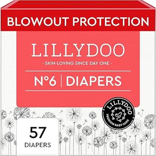 LILLYDOO Baby Diapers - Size 6 (29+ lbs), Half-Monthly Supply (57 Count), Leak Protection, Skin-Friendly, Ultrasoft, Perfume- & Chlorine-Free, Hypoallergenic, Dermatologist Tested, Oeko-TEX®