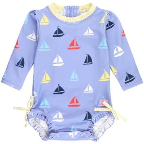 RuffleButts Baby Girls UPF 50+ Sun Protection Novelty Print Long Sleeve One Piece Rash Guard Swimsuit with Zipper