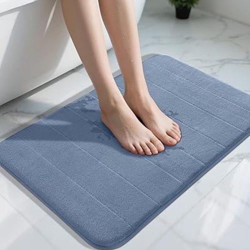 Yimobra Memory Foam Bath Mat, Super Soft Absorbent Bathroom Rug Non Slip 31.5x20 Inch, Quick Dry, Machine Washable Floor Carpet for Tub Shower, Home Decor Accessories, Denim Blue