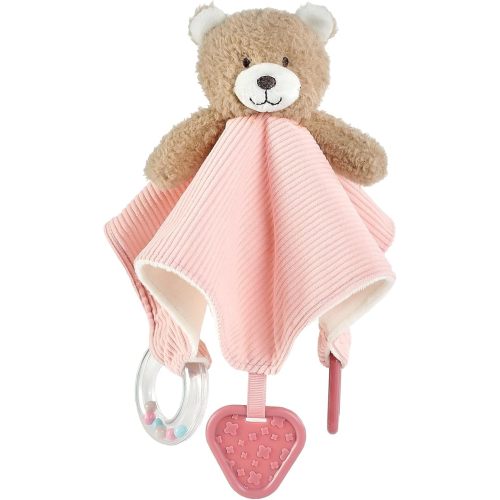 CREVENT 3-in-1 Baby Lovey Blanket with Teether & Rattle | Plush Chewable Animal Head Security Blanket, Birthday Gift - Pink Bear