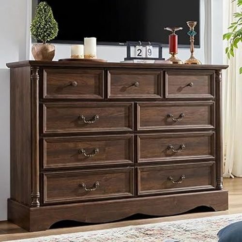Farmhouse 9 Drawers Dresser for Bedroom with Charging Station, 54" Wide Wood Country Rustic Storage Dressers Organizer, Vintage Design Chest of Drawers TV Stand, Brown