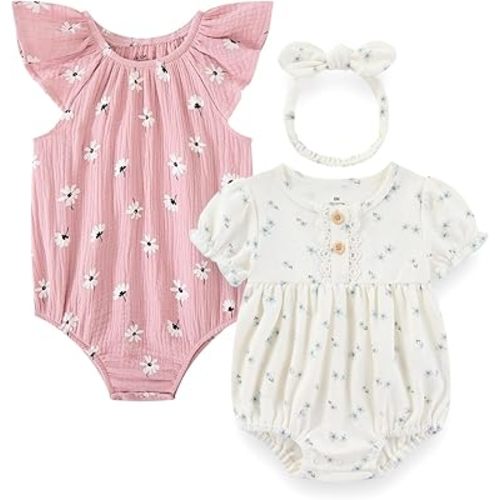 Baby Girl Clothes Infant Bubble Romper Outfit Cotton Ruffle Sleeveless Bodysuit and Headband Set