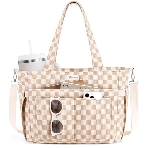 Bagstellar Corduroy Tote Bag for Women, 17 Pockets Laptop Work Tote Purse | Large 15.6” Computer Bag w/ 40oz Cup Holder & Strap, Zipper Teacher Nurse Bible Shoulder Bag for School Travel College Office