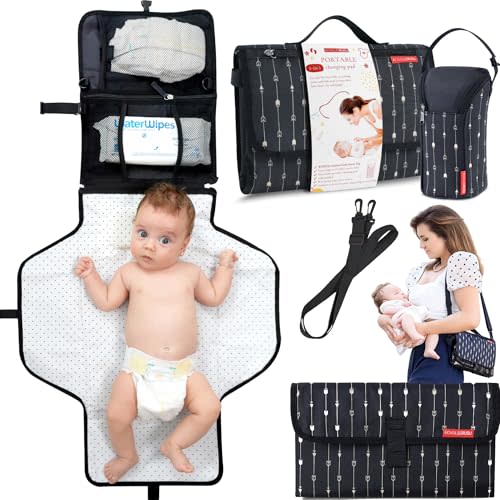Portable Diaper Changing Pad Waterproof – B0NUS Insulated Baby Bottle Bag, 2-in-1 Diaper Clutch and Changing Mat, Wipe Clean Portable Changing Pad with Built-in Head Cushion (Black)
