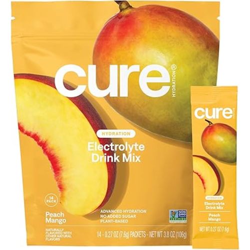 Cure Hydration | Plant-Based Electrolyte Drink Mix | No Added Sugar | Dehydration Relief Powder Made with Coconut Water | Non-GMO | Vegan | Pouch of 14 Packets - Peach Mango